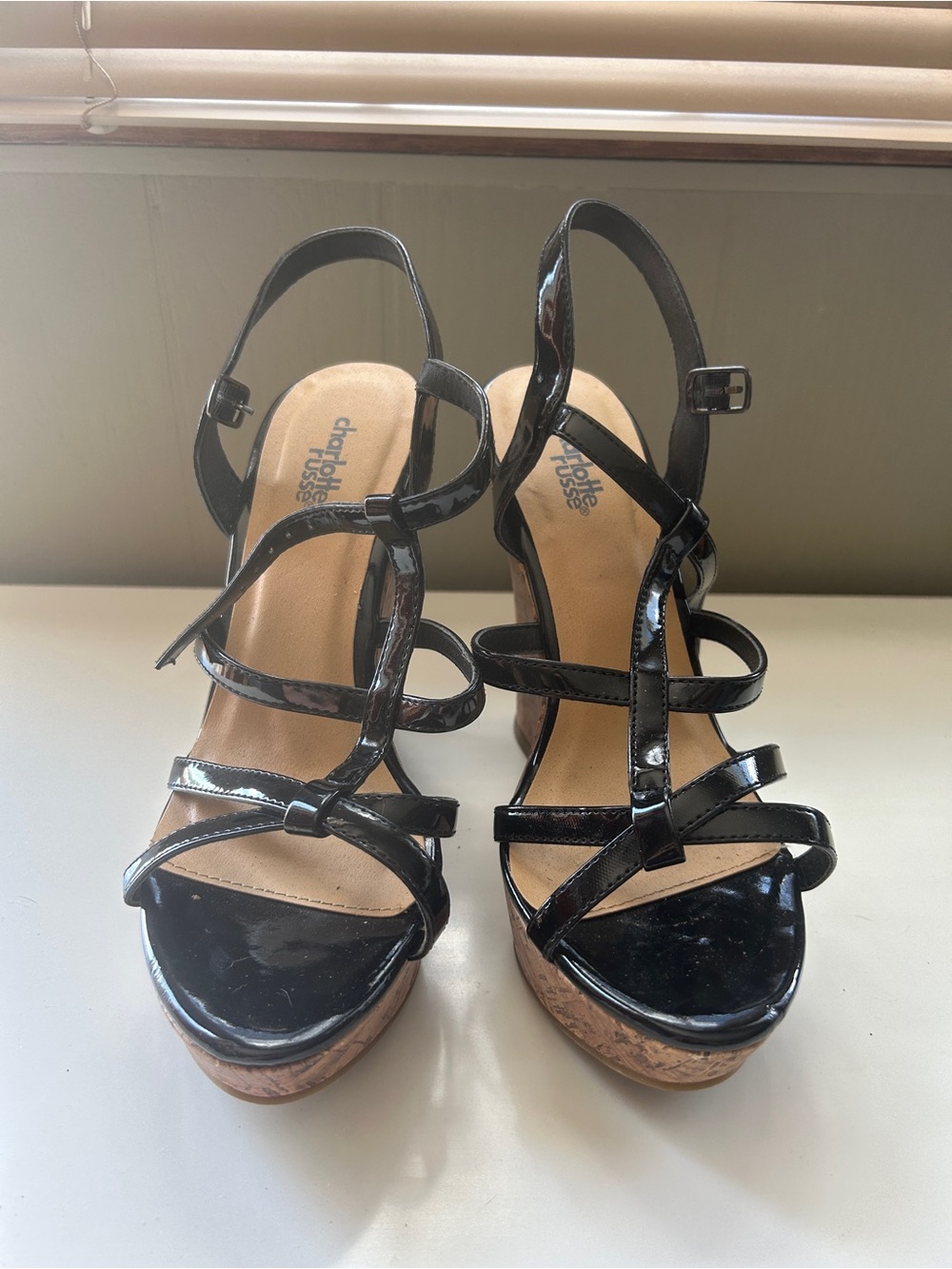 Charlotte Russe Black Patent Strappy Cork Platform Wedges
